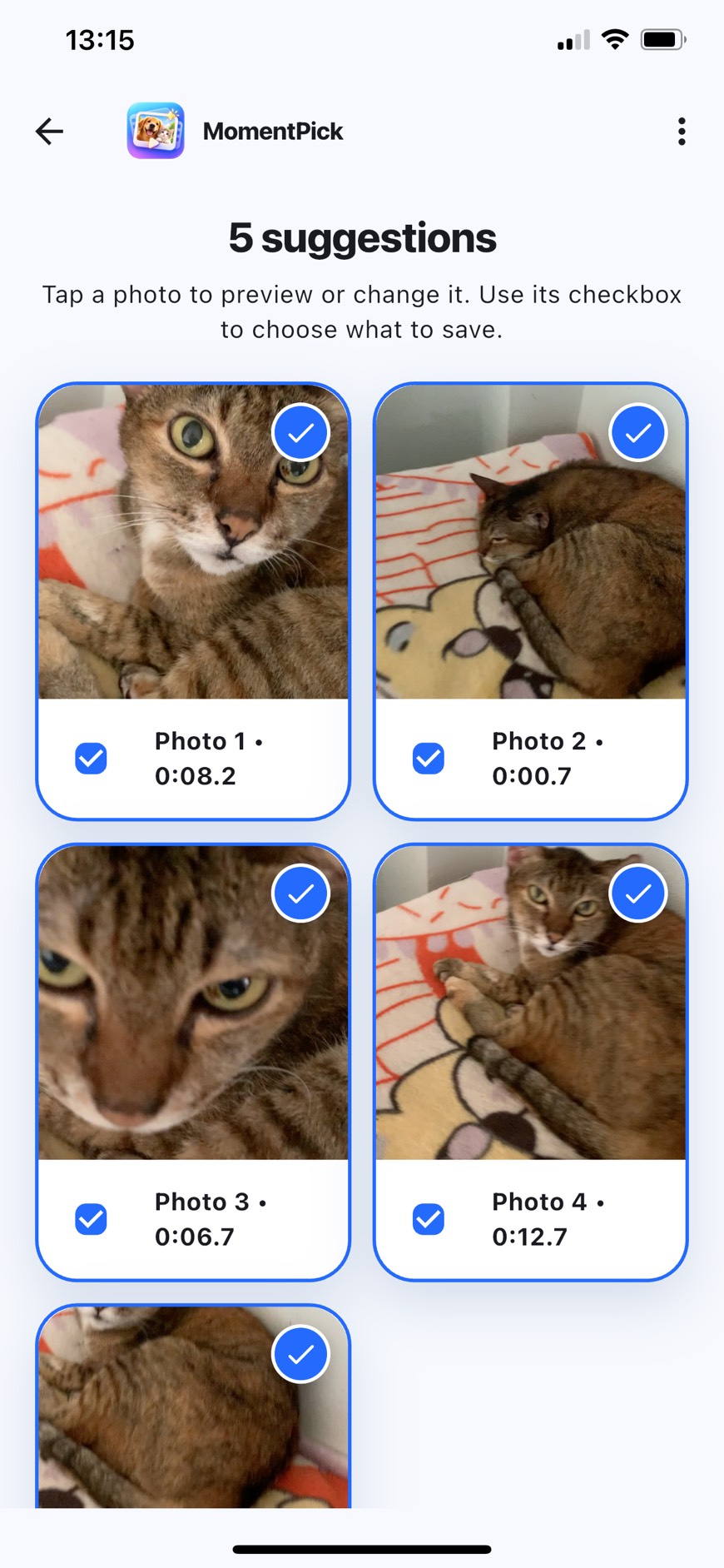 MomentPick showing five suggestions on iPhone