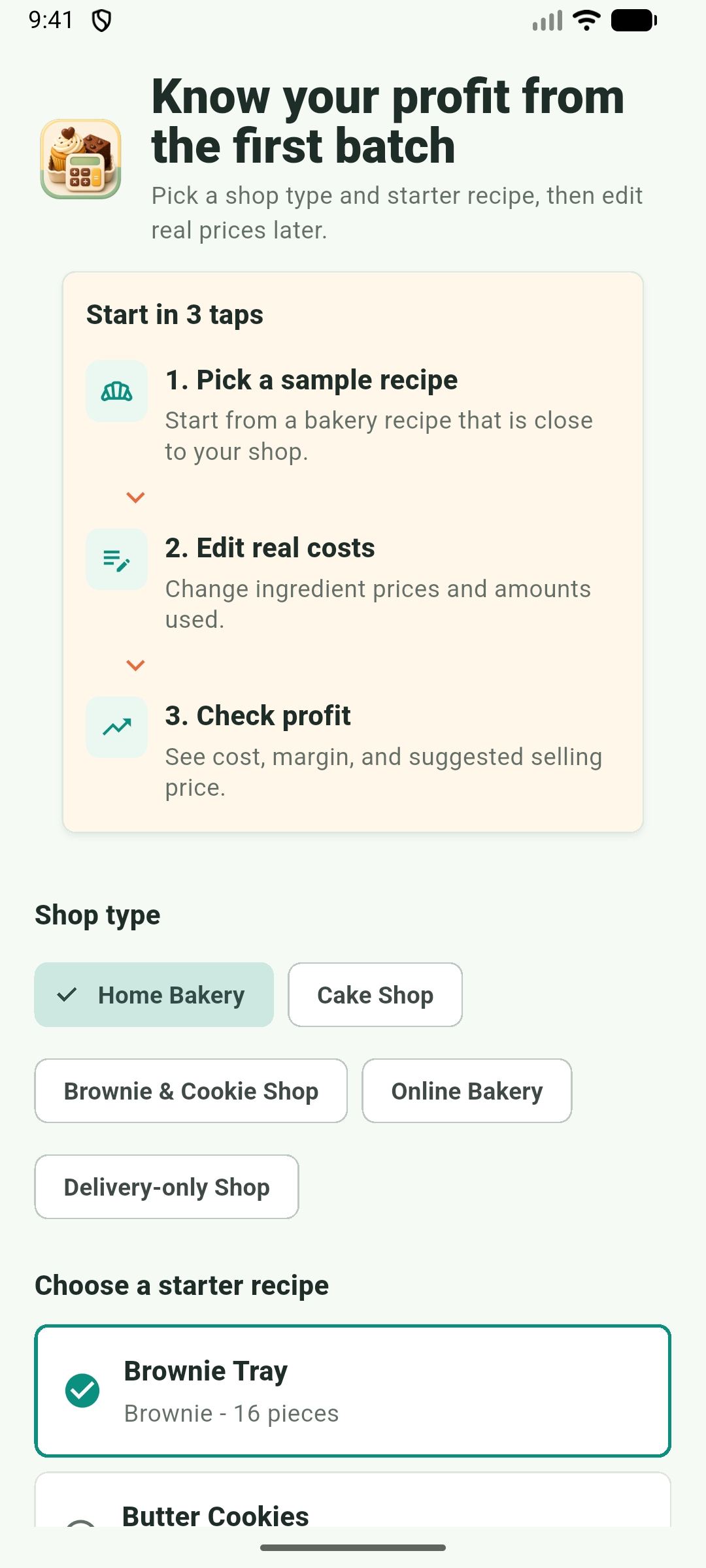 หน้าคัดเลือกร้านและสูตรเริ่มต้นของ BakeCostDee จริง