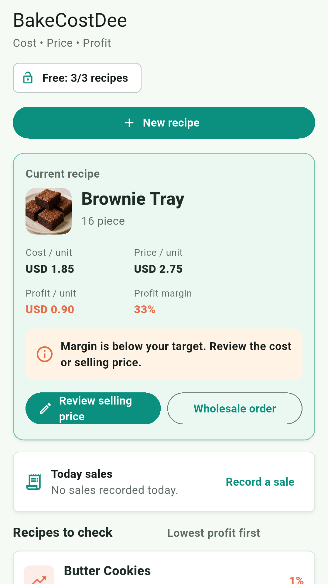 BakeCostDee English home screen showing a current recipe and today's sales