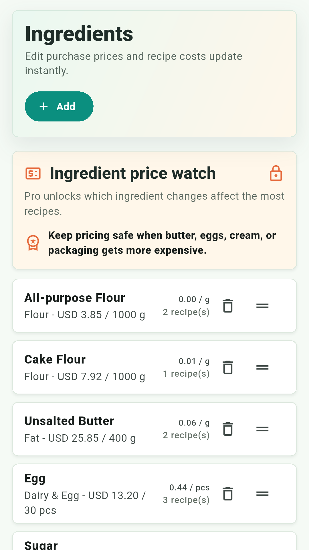 BakeCostDee English ingredient price watch screen