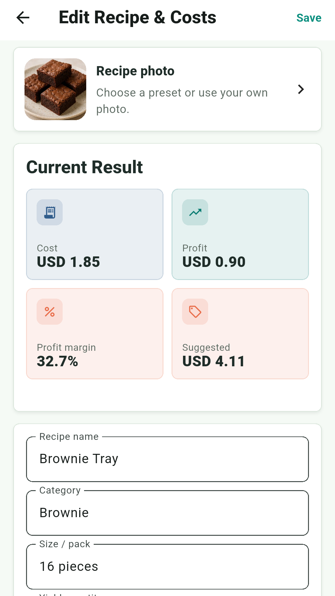 BakeCostDee English recipe result showing cost, profit, margin, and suggested price