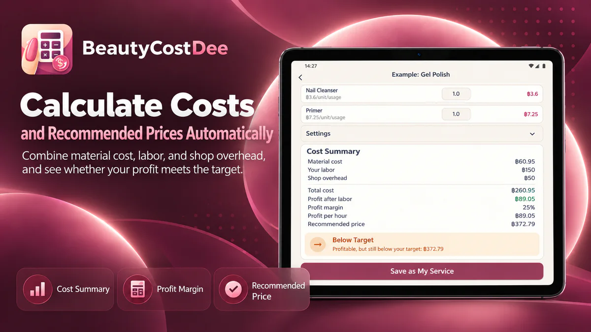 English BeautyCostDee tablet cost summary with material cost, labor, overhead, profit, and recommended price