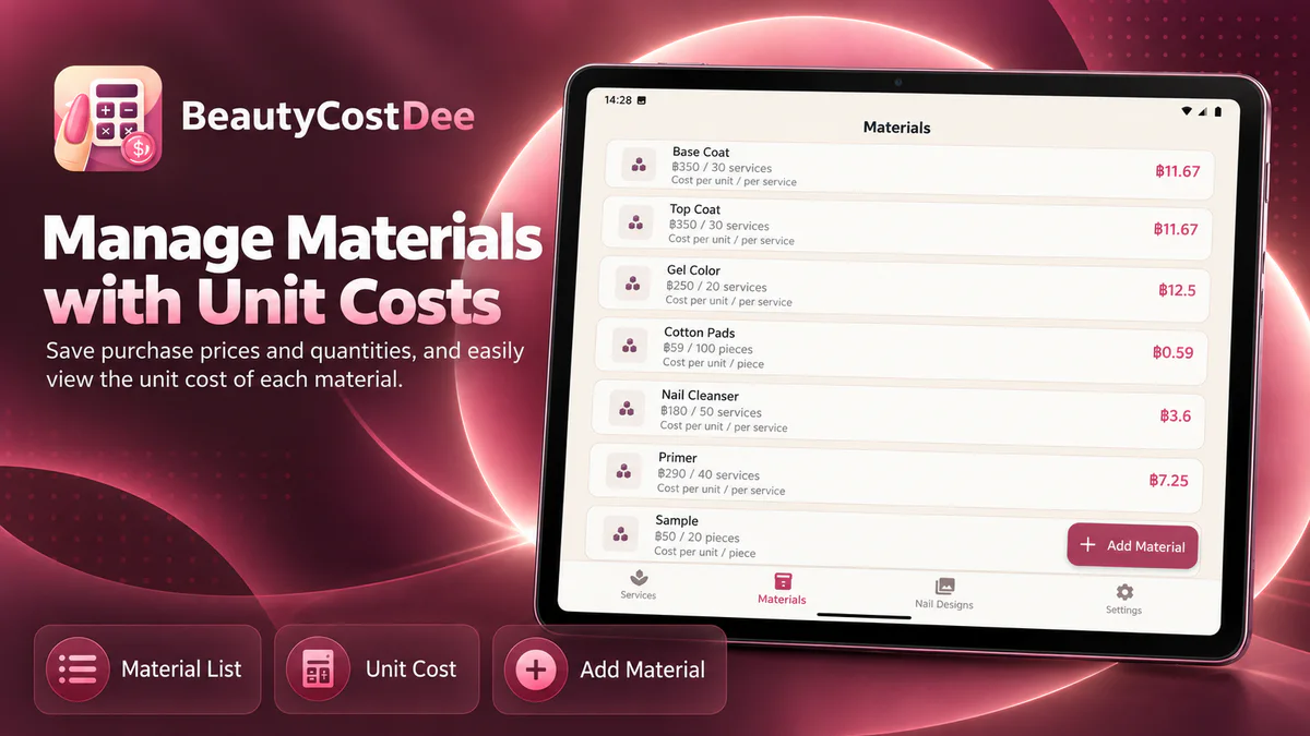 English BeautyCostDee tablet materials list showing purchase quantity and unit cost