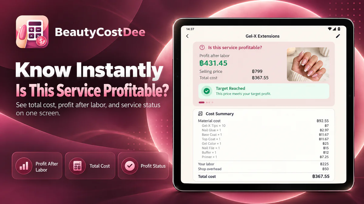 BeautyCostDee English tablet view showing total service cost, profit after labor, and target status