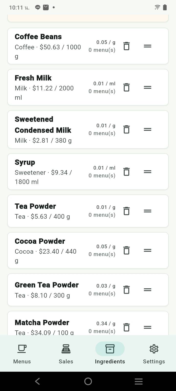 DrinkCostDee English ingredient list showing purchase prices, quantities, and units
