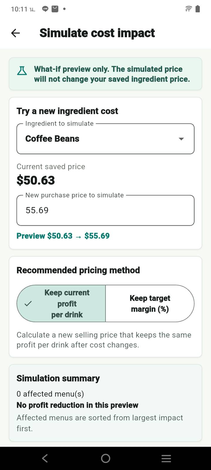 DrinkCostDee English Price Impact screen with a cost-change preview