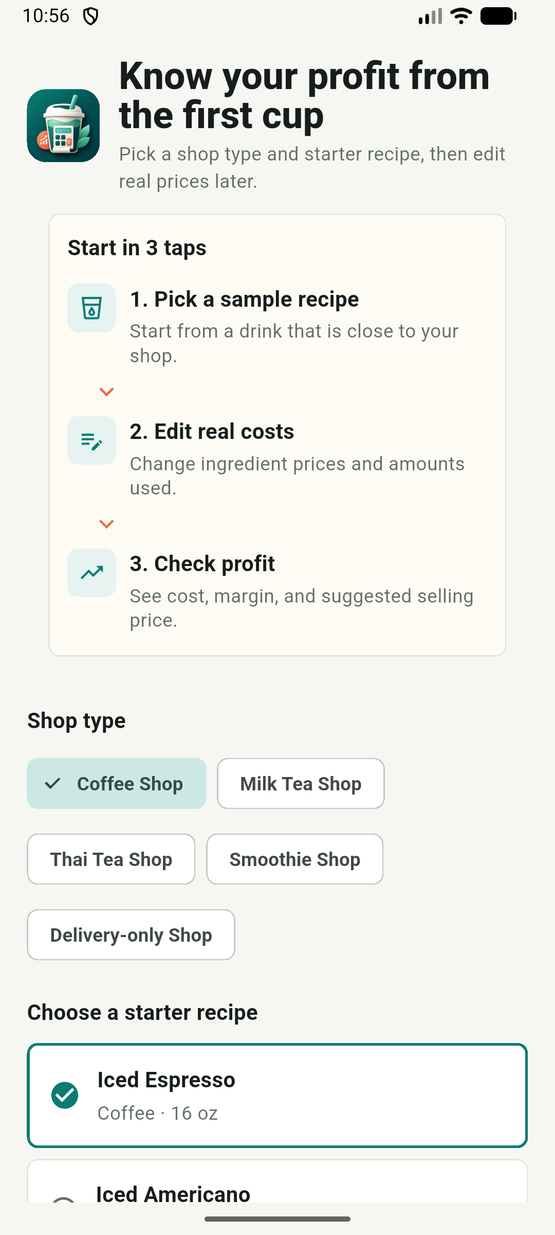 DrinkCostDee English onboarding and starter recipe screen