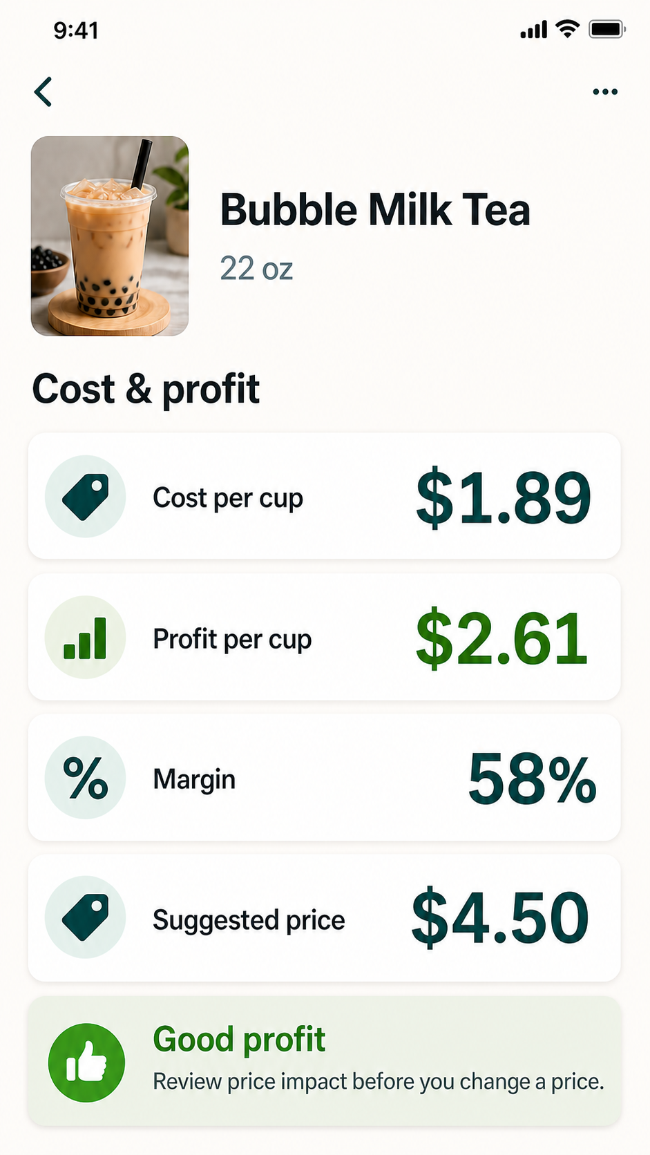 DrinkCostDee result screen showing cost per cup, profit, margin, and suggested price in US dollars